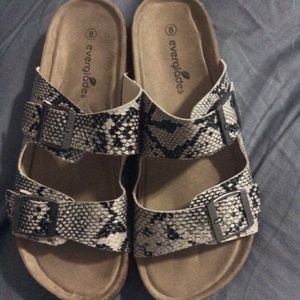 Birkenstock style sandals with snake print
